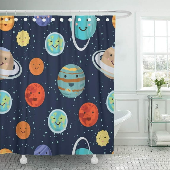 Libin Vector Cartoon Funny Pattern of The Planets Smiling Faces Shower Curtain 66x72 inch