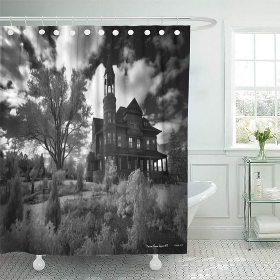 Libin Victorian Fairlawn Mansion Haunted Ghost Spook Paranormal Black White Shower Curtain 60x72 inch