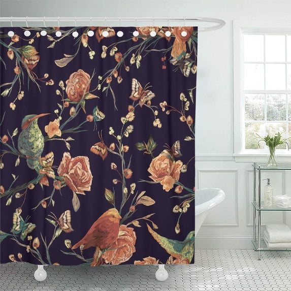 Libin Vintage Bird Butterfly and Flower Leaf Branch Imitation Shower Curtain 60x72 inch