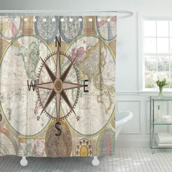 Libin Vintage Traveler World Map Compass Navigation Travel Earth Globe Shower Curtain 60x72 inch