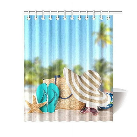 Libin Vocation Summer Tropical Shower Curtain, Sandy beach Starfish Hat Polyester Fabric Shower Curtain Bathroom Sets 60x72 Inches