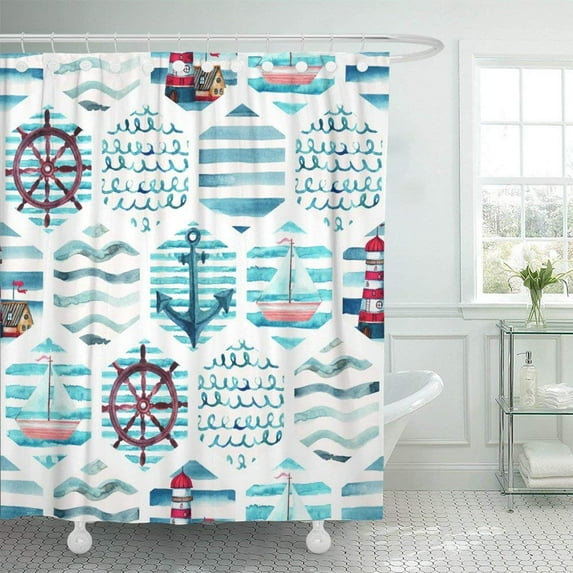 Libin Watercolor Adventure in Patchwork Marine Summer Voyage with Lighthouse Yacht Abstract Sea Waves Shower Curtain 66x72 inch