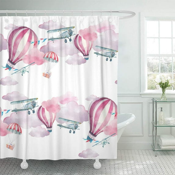 Libin Watercolor Aircraft Hand Vintage Airplane Flags Garlands Hot Air Shower Curtain 66x72 inch