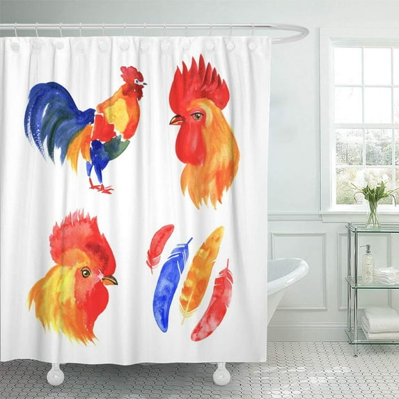 Libin Watercolor Barnyard istic of Roosters White Brown Agriculture Shower Curtain 60x72 inch