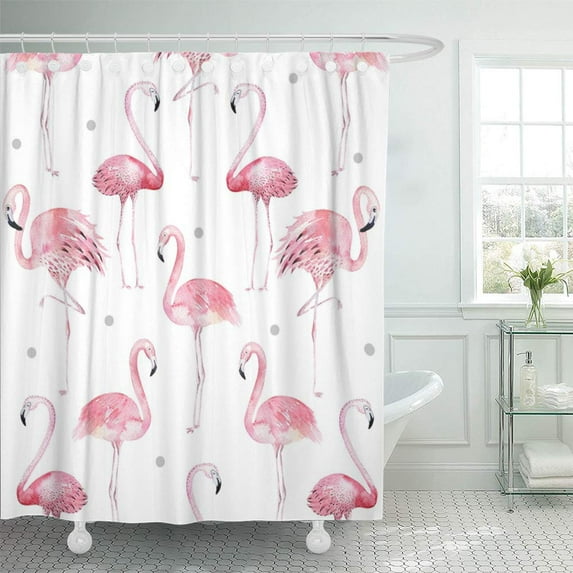 Libin Watercolor Bath Pink Flamingos Grey Polka Dots Chic Bathroom Shower Curtain 66x72 inch
