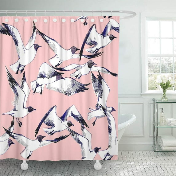 Libin Watercolor Beach White Abstract Sea Gull Bird Flying Shower Curtain 66x72 inch