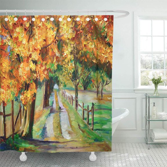 Libin Watercolor Colorful Landscape Oil Painting Country Road Maple Red Shower Curtain 60x72 inch
