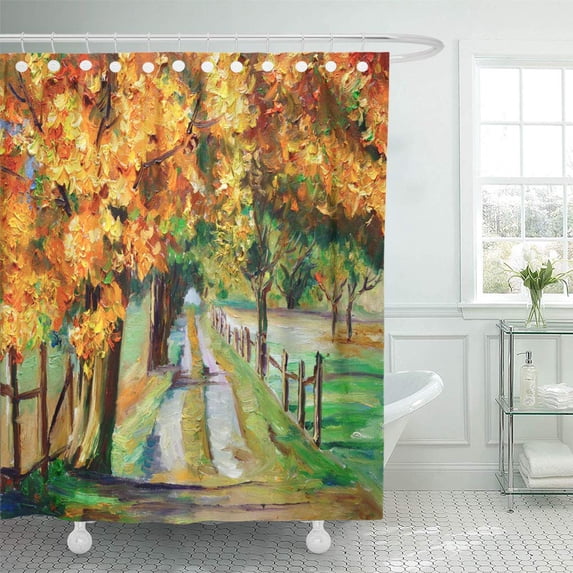 Libin Watercolor Colorful Landscape Oil Painting Country Road Maple Red Shower Curtain 60x72 inch
