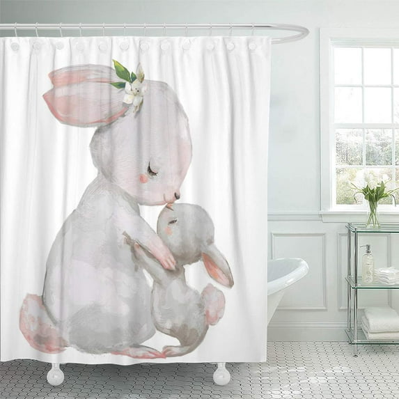 Libin Watercolor Cute White Hare Mom Little Pink Bunny Flower Shower Curtain 66x72 inch