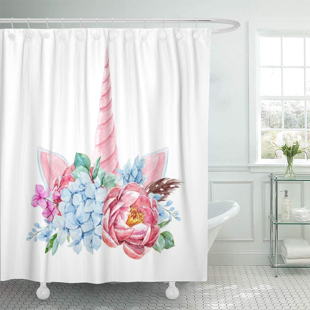 Libin Watercolor Floral Bouquet Feathers Blue Hydrangea Pink Peony Unicorn Shower Curtain 60x72 ...