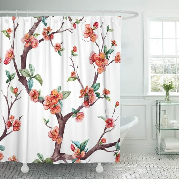 Libin Watercolor Floral Pattern Cherry Flowering Trees Small Flowers Peach Shower Curtain 60x72 inch