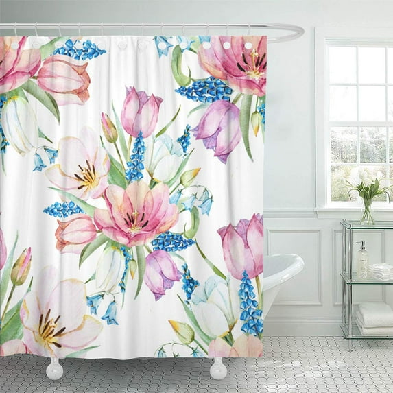 Libin Watercolor Floral Spring Pattern Wallpaper Delicate Pink Tulips and Shower Curtain 66x72 inch