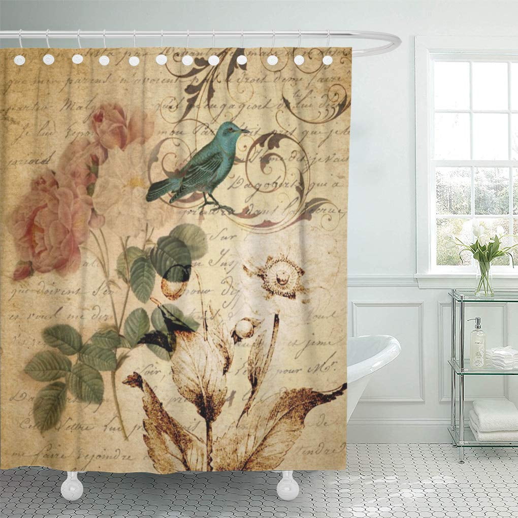 Libin Watercolor Floral Victorian Bird French Botanical Rose Pink Spring Shower Curtain 66x72 inch