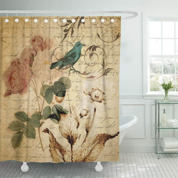 Libin Watercolor Floral Victorian Bird French Botanical Rose Pink Spring Shower Curtain 66x72 inch
