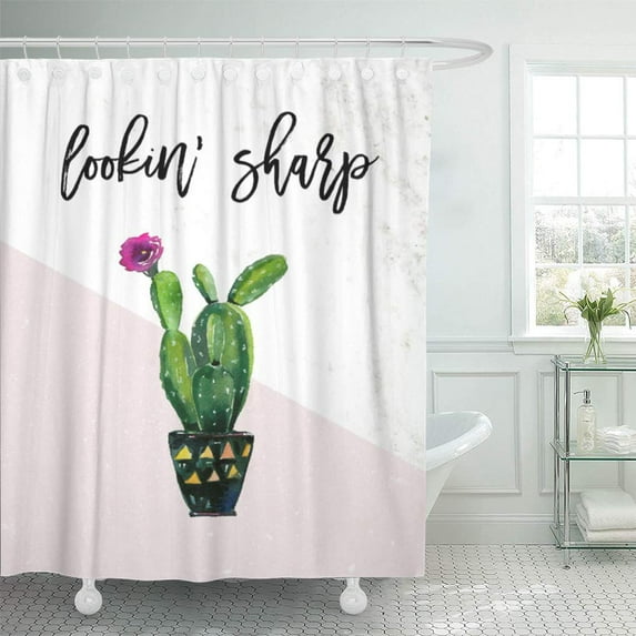Libin Watercolor Modern Lookin Sharp Blush Pink and Cactus Geometric Shower Curtain 60x72 inch