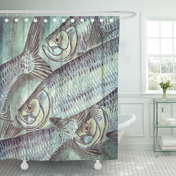 Libin Watercolor Sea Original Tarpon Sport Fish Fishing Angling Angler Shower Curtain 60x72 inch