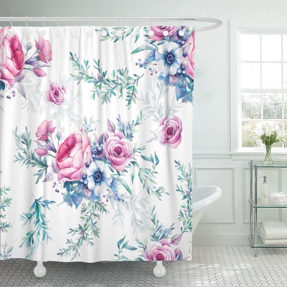 Libin Watercolor Vintage Floral Hand with Bouquets of Flowers on White Peony Roses Anemone Polyester Shower Curtain Bathroom Decor 66x72 inches