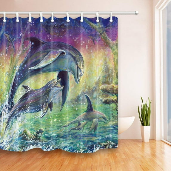 Libin Watercolor painting Flying Dolphins Curtains Polyester Fabric Bathroom Shower Curtain 66x72 inches