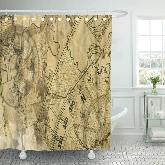 Libin Wheel Old Ancient Nivigation Ships Maps Instrument Pirate Sail Shower Curtain 66x72 inch