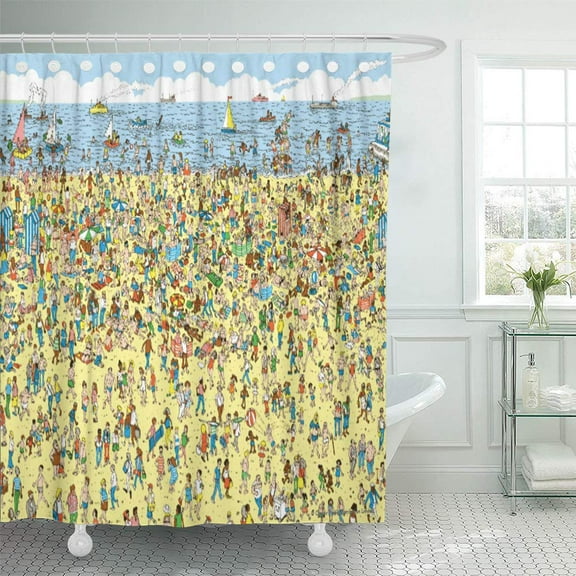 Libin Wheres Where Waldo Beach Wally Martin Handford Children Book Shower Curtain 66x72 inch
