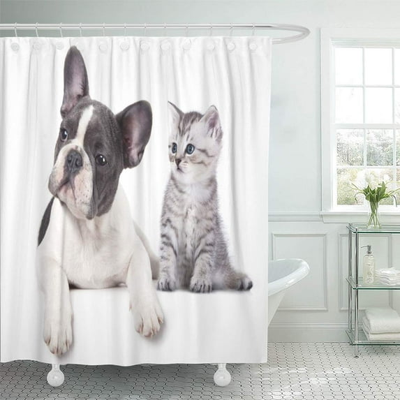 Libin White Cute Cat and Dog British Kitten French Bulldog Shower Curtain 60x72 inch