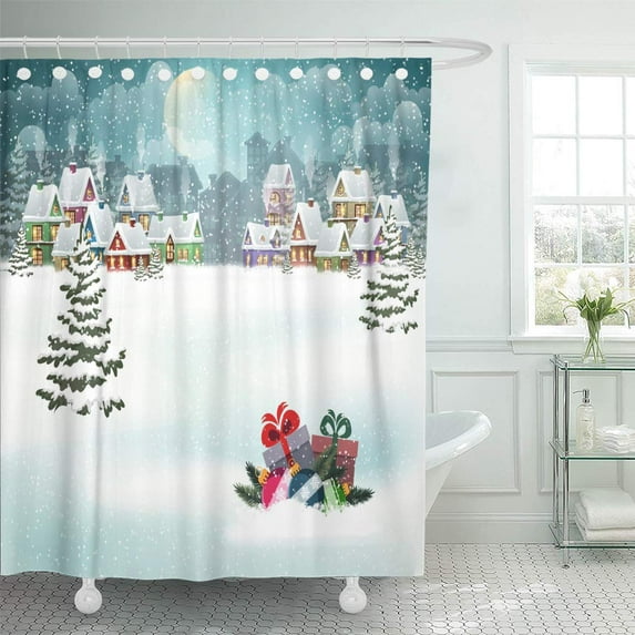 Libin White Scene Village Winter Landscape Snow Covered Houses Shower Curtain 60x72 inch