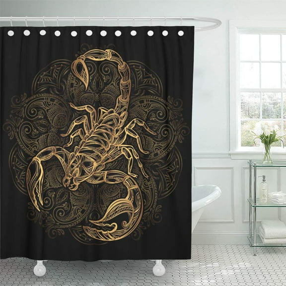 Libin White Scorpio Scorpion Tattoo Ornate Gold on Black Sign Shower Curtain 60x72 inch