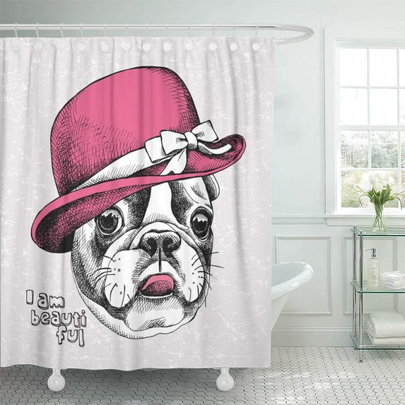 Libin White Vintage Portrait of French Bulldog Wearing Pink Elegant Shower Curtain 60x72 inch