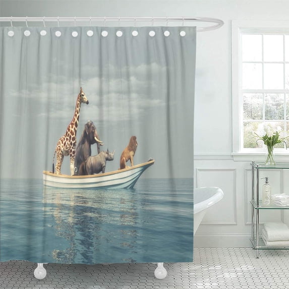 Libin Wild Lion Rhino Elephant Giraffe Sitting in a Boat Shower Curtain 66x72 inch