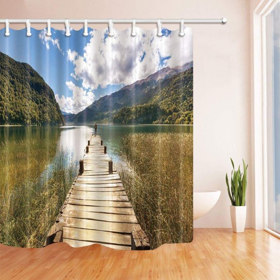 Libin Wooden Deck by the Sea in the Mountain Polyester Fabric Bathroom Shower Curtain 66x72 inches