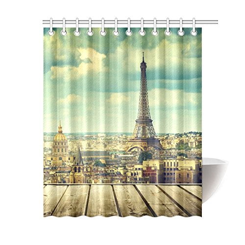 Libin Wooden Table Eiffel Tower in Paris Home Decor 60x72 Inches Polyester Fabric Shower Curtain Bathroom Sets