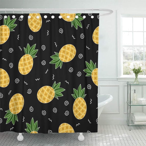 Libin Yellow Black Doodle Pineapple Pattern Cute Drawn Exotic Food Shower Curtain 60x72 inch