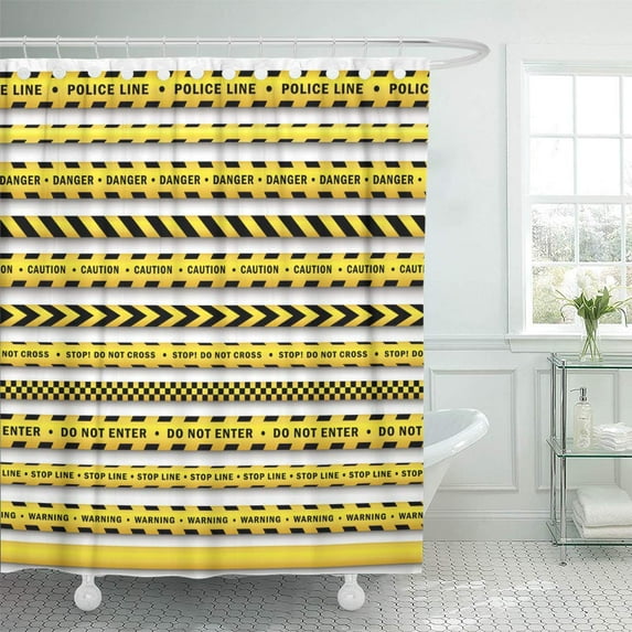Libin Yellow Black Police Tape Flat Cartoon on White Danger Shower Curtain 60x72 inch