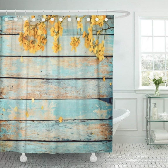 Libin Yellow Flowers on Vintage Wooden Border Design Color Tone Concept of Spring Summer Polyester Shower Curtain Bathroom Decor 66x72 inches