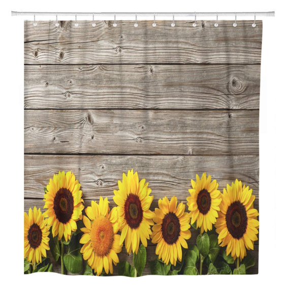 Libin Yellow Wood Autumn Sunflowers on Wooden Board Brown Border Bathroom Shower Curtain 66x72 inch
