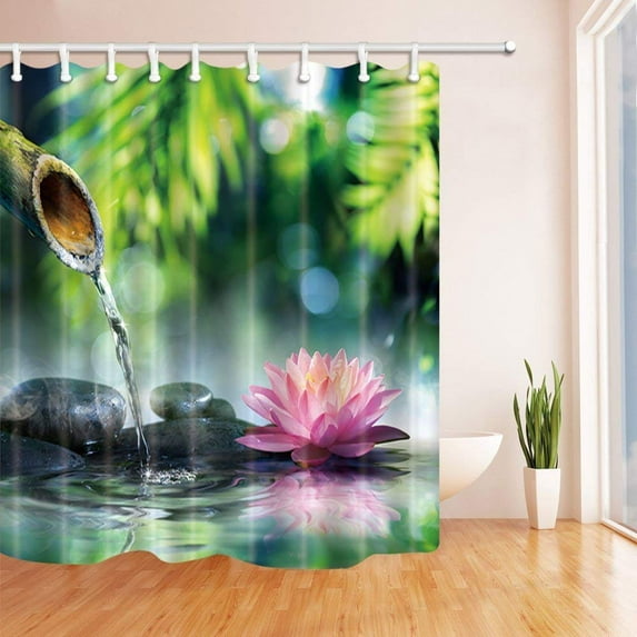Libin Zen Meditation Decor Lotus Flowers Spa Nature and Feng Shui Stone with Bamboo Polyester Fabric Bath Curtain, Bathroom Shower Curtain 66x72 inches
