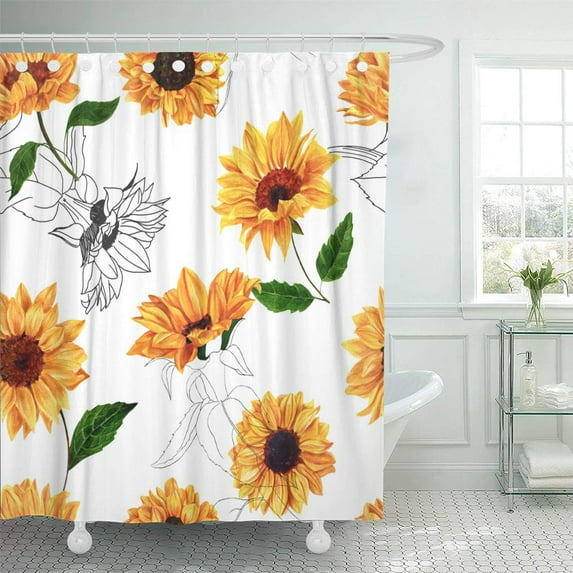 Libin a Seamless Pattern Vibrant Yellow Watercolor Sunflowers on White Shower Curtain 66x72 inch