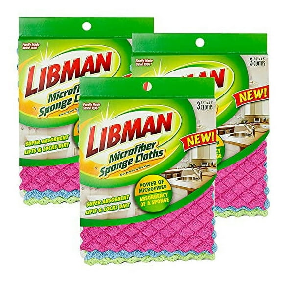 Libman 1482 Microfiber Sponge Cloths  Combines The Best of a Sponge and Dish Cloth, Includes 3 Packs of 3 Sponge Cloths (9 Total Sponge Cloths), Pink, Blue and Green