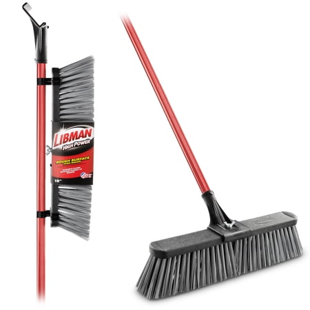 Libman Rough Surface Push Broom 18" with Red Steel Handle and Black Fibers