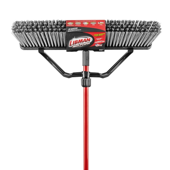 Libman 24 inch Heavy-Duty Push Broom for Rough Surfaces with Red and Black Bristles