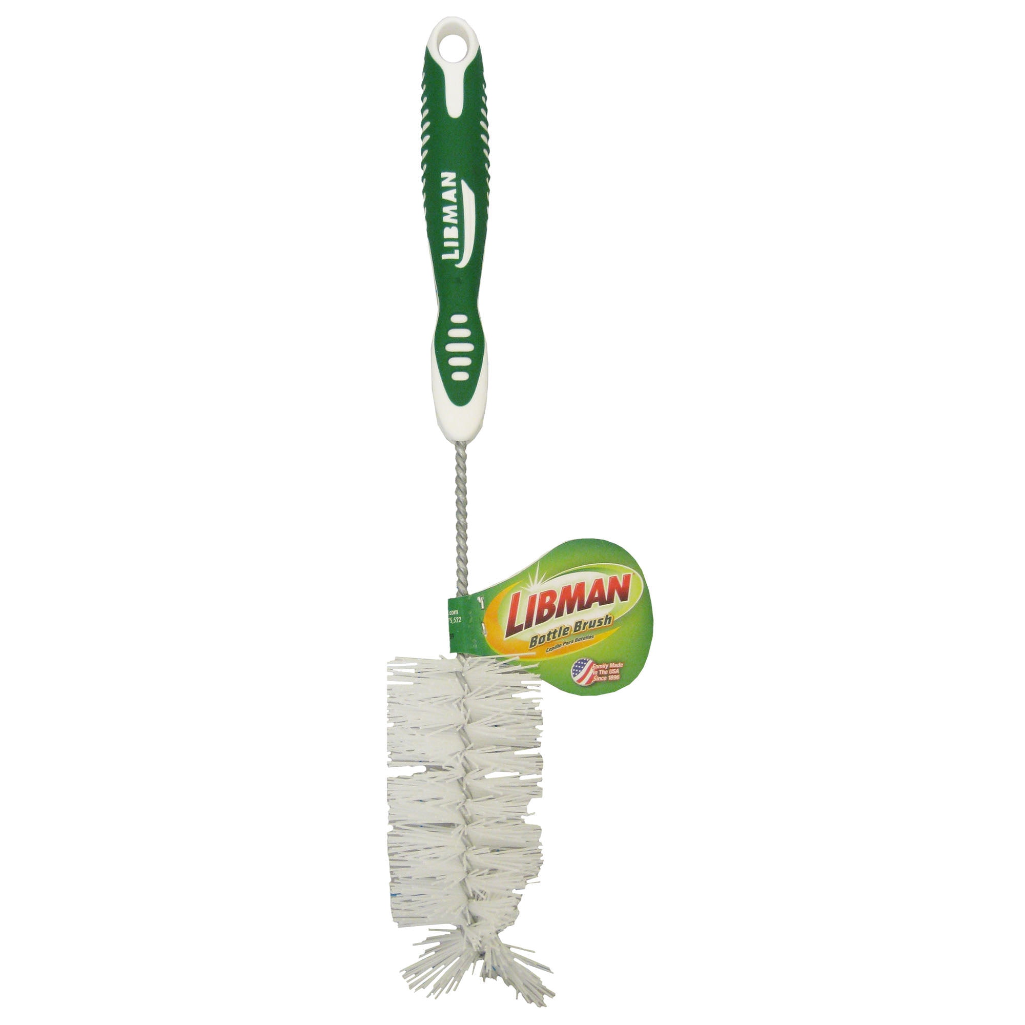 Libman Bottle Brush with Non-Slip Handle, 13.25" Zinc-Coated Steel Wire, Green/White