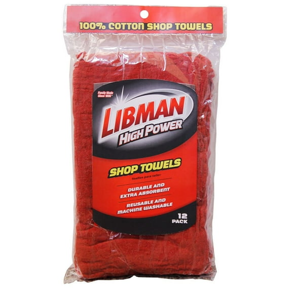 Libman Commercial High Power 100 Cotton Red Shop Towels 12 Pack - 591