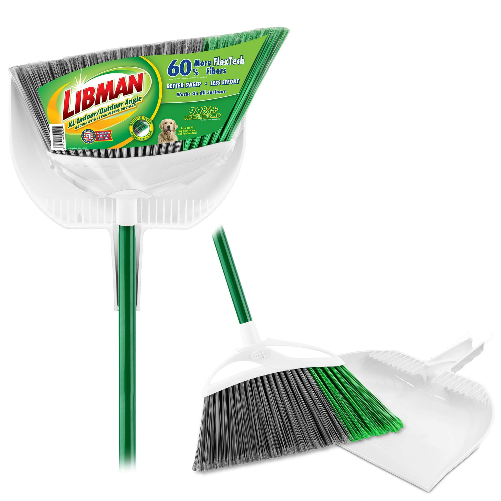 Libman Extra Large Precision Angle Broom with Green Steel Handle and Clean Fibers Dustpan
