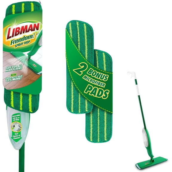 Libman Freedom Spray Mop Kit, Microfiber Wet Mops for Floor Cleaning, Hardwood, Laminate, Tile Cleaner, Household Tool, 24 Oz Solution Tank, Two Extra Replacement Refill Heads Included