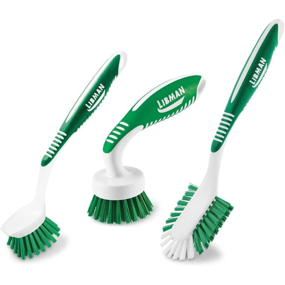 Libman 3-Piece All-Purpose Kitchen Cleaning Brush Kit with Green and White Durable Bristles