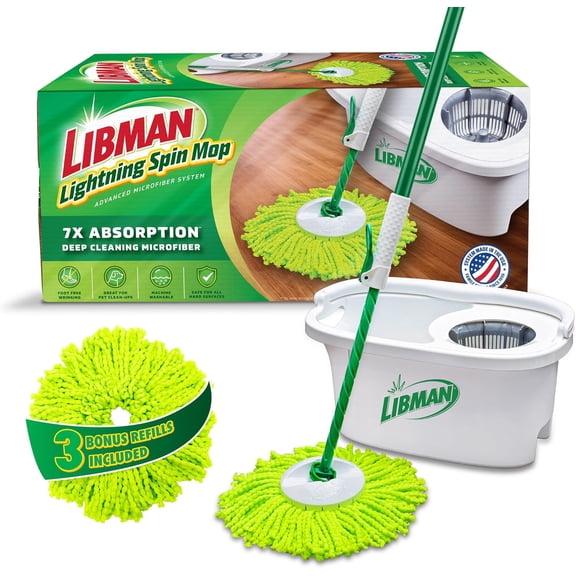 Libman Lightning Spin Mop System Plus 3 Refill Head | Mop and Bucket with Wringer Set | Floor Mop | Spin Mop | Libman Mop | Mops for Floor Cleaning | Hardwood Floor Mop | 4 Total Mop Heads Included
