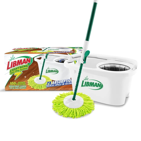 Libman Microfiber All-in-One Lightning Spin Mop System with Compact Bucket for Easy Cleaning