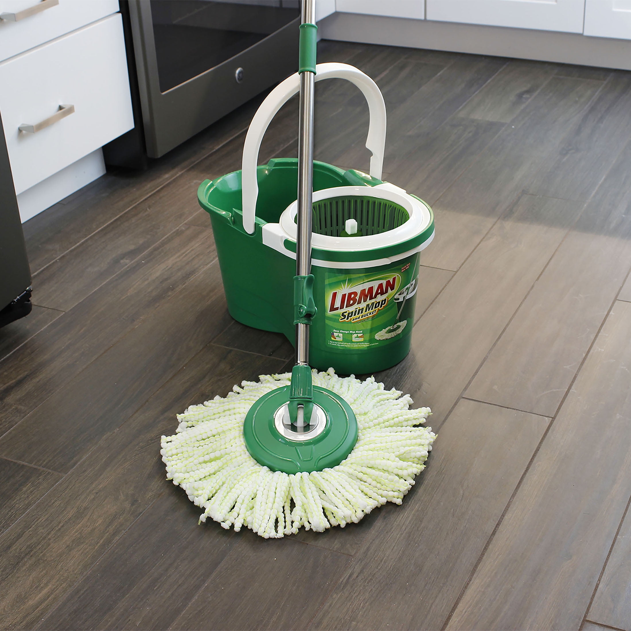 Green and White Microfiber Spin Mop and Bucket Set