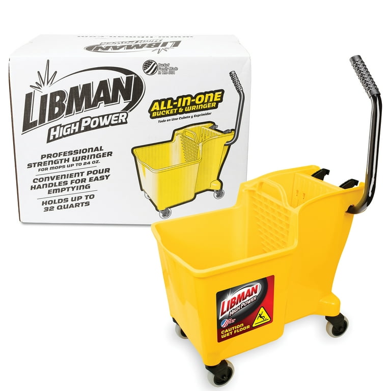 Libman Yellow 32 Quart Mop Bucket and Wringer with Rubber Caster WHEELS.