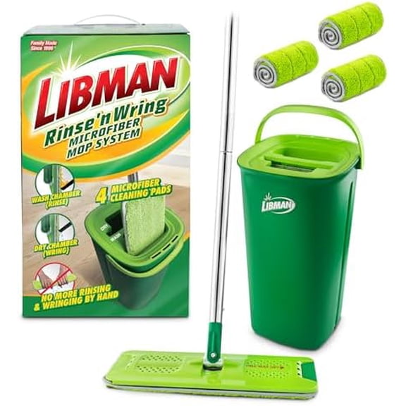 Libman Rinse 'n Wring Mop and Bucket System | Microfiber Floor Mop | Hardwood Floor Cleaner | Wet & Dry Mop | Clean & Dirty Water Chambers | Power Blades | 4 Total Microfiber Pads